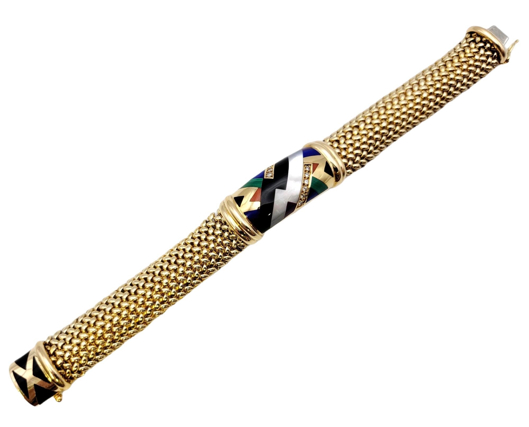 Asch Grossbardt Mosaic Gemstone and Diamond Inlay Mesh ID 14 Karat Gold Bracelet For Sale 2