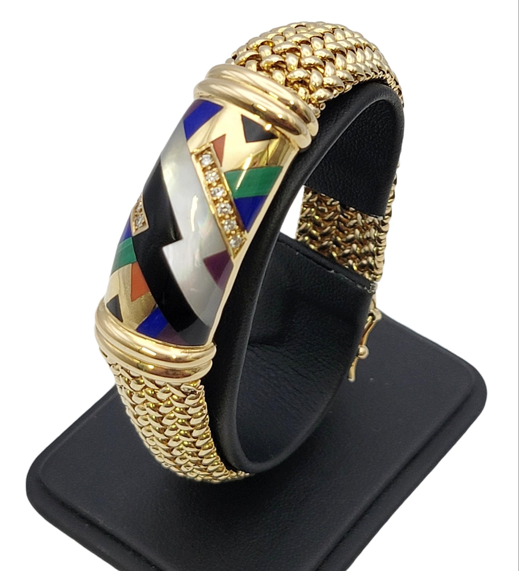 Asch Grossbardt Mosaic Gemstone and Diamond Inlay Mesh ID 14 Karat Gold Bracelet For Sale 5