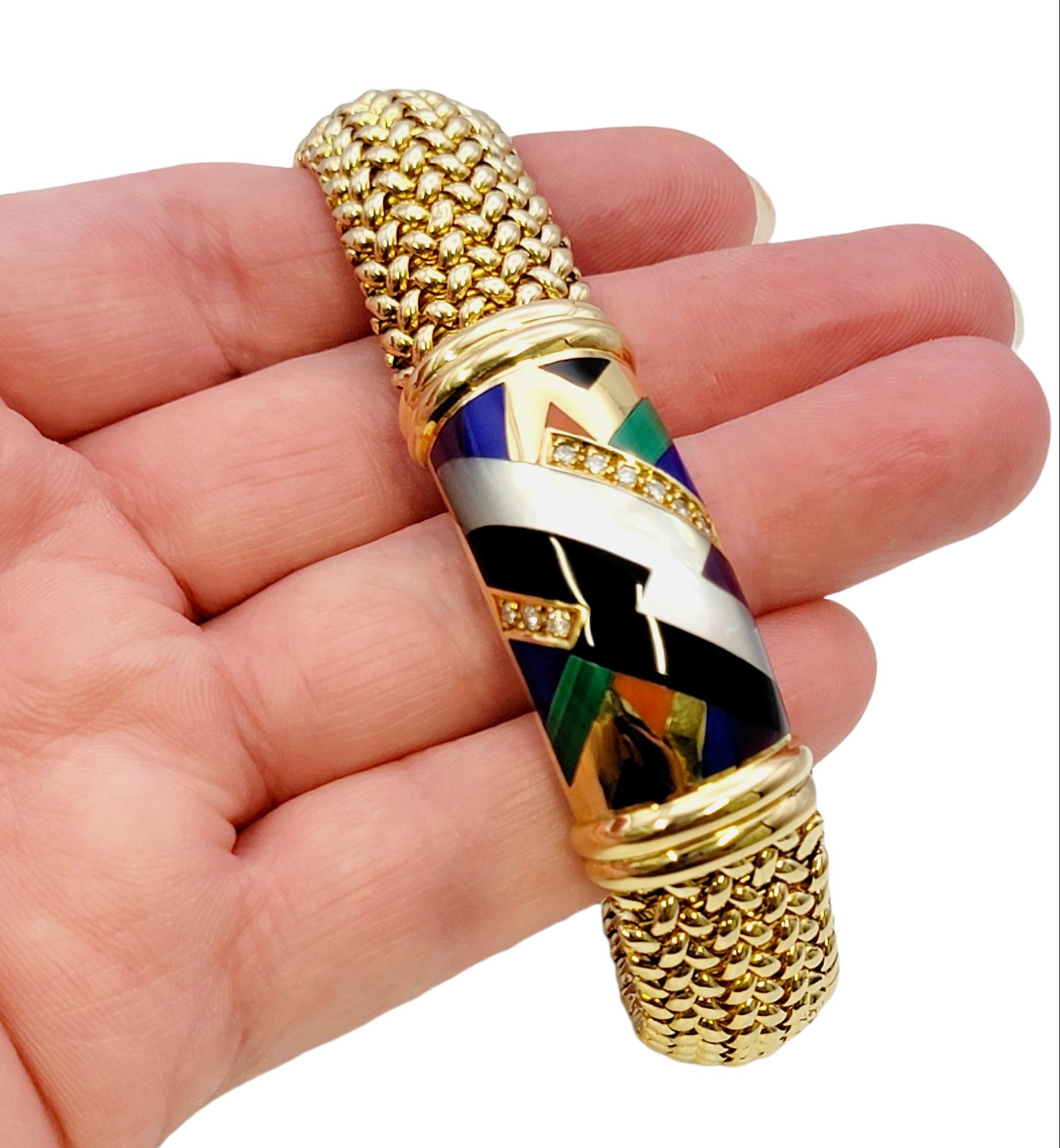 Asch Grossbardt Mosaic Gemstone and Diamond Inlay Mesh ID 14 Karat Gold Bracelet For Sale 6
