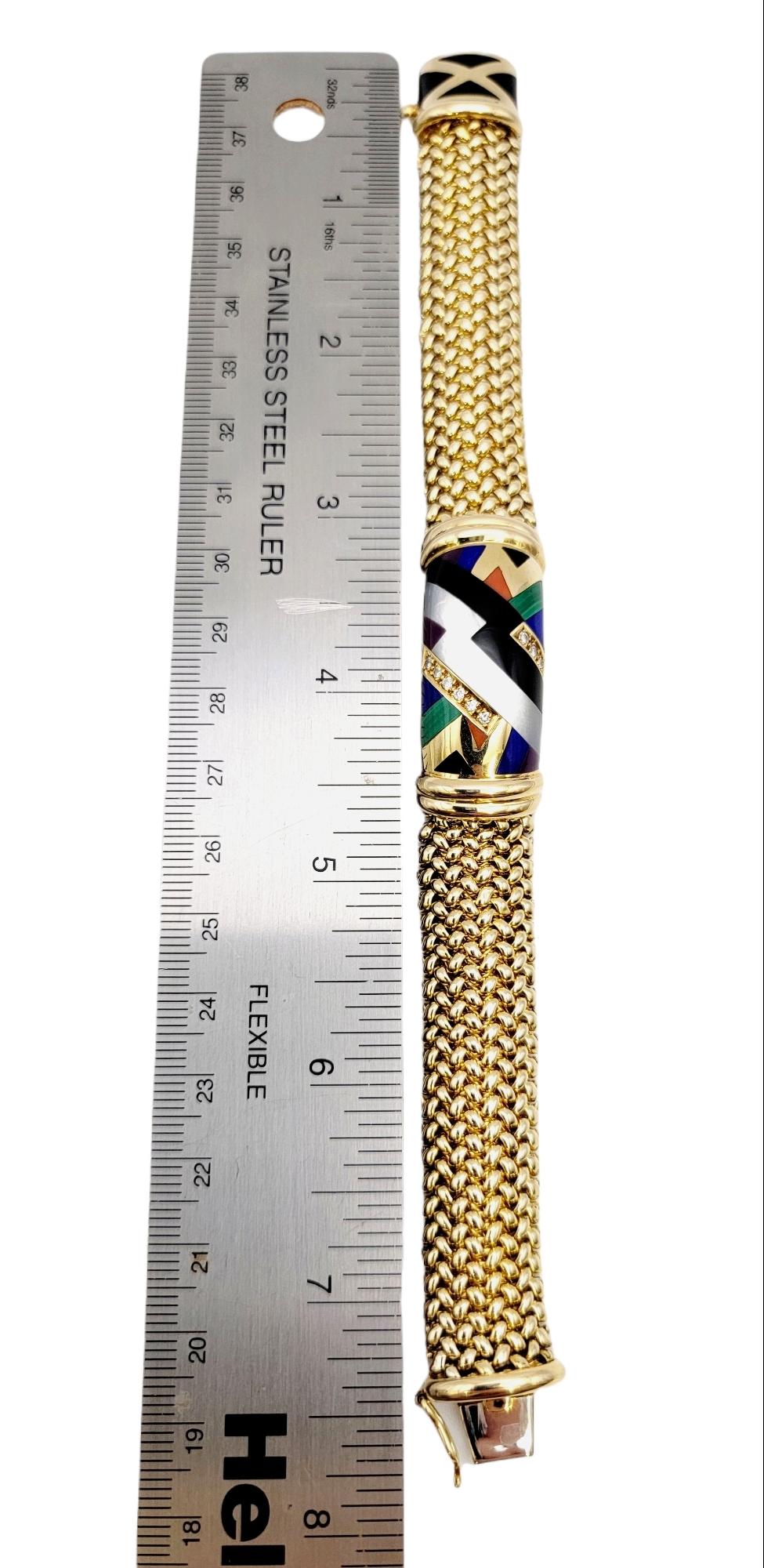 Asch Grossbardt Mosaic Gemstone and Diamond Inlay Mesh ID 14 Karat Gold Bracelet 8