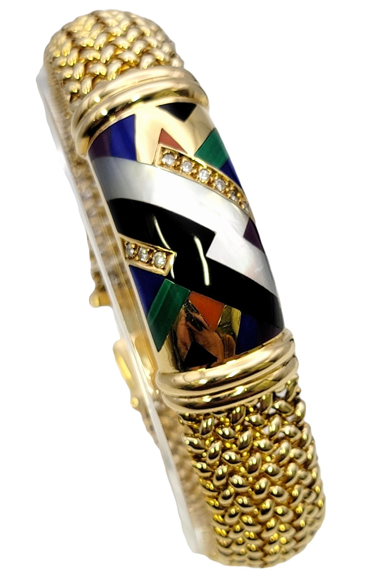 Modern Asch Grossbardt Mosaic Gemstone and Diamond Inlay Mesh ID 14 Karat Gold Bracelet For Sale