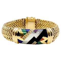 Retro Asch Grossbardt Mosaic Gemstone and Diamond Inlay Mesh ID 14 Karat Gold Bracelet