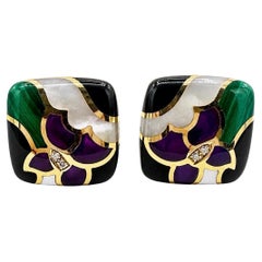 Asch Grossbardt Mosaic Multi Gem 14K Yellow Gold Clip Earrings