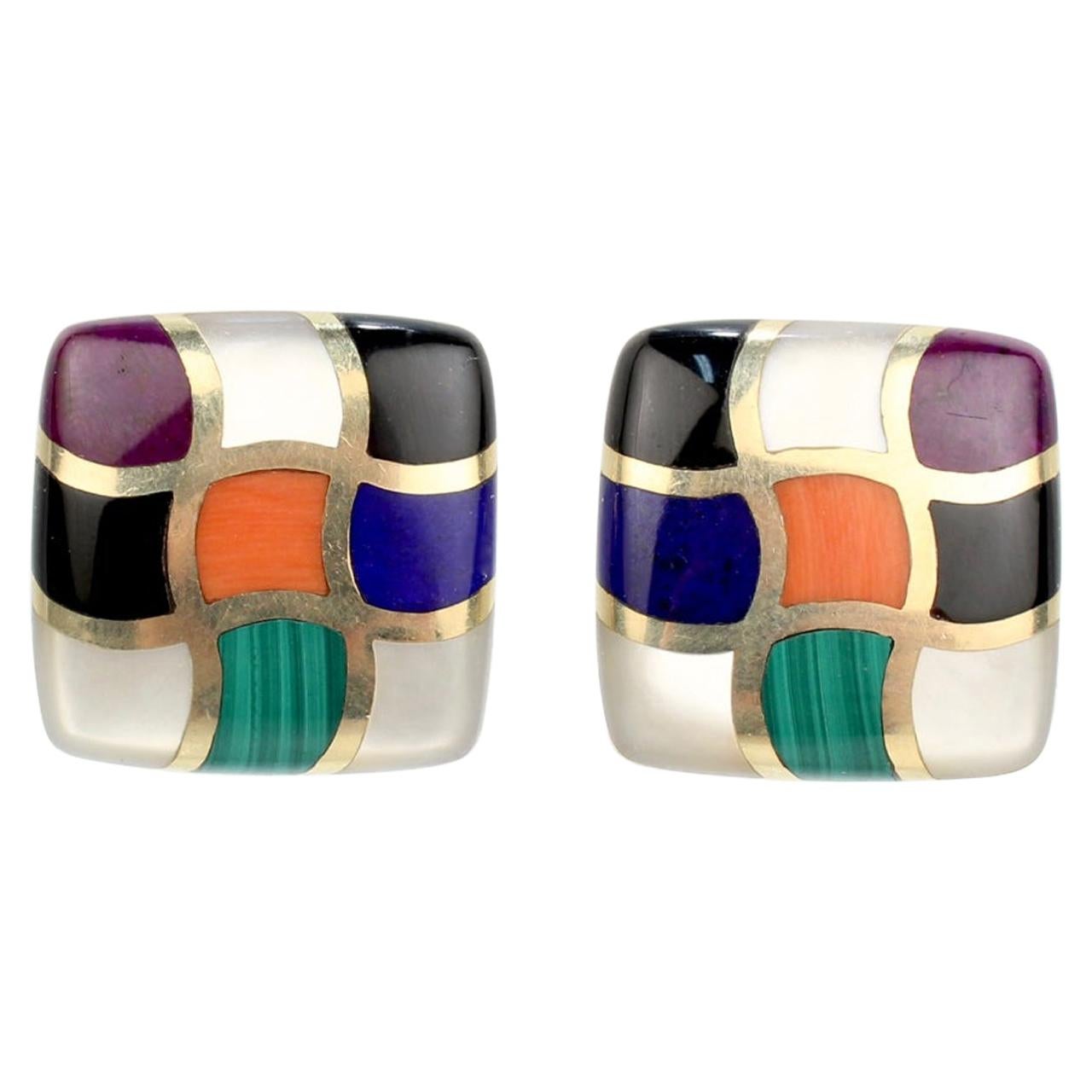 Asch Grossbardt Mosaic Multi-Gemstone Inlaid 14 Karat Gold Clip Earrings