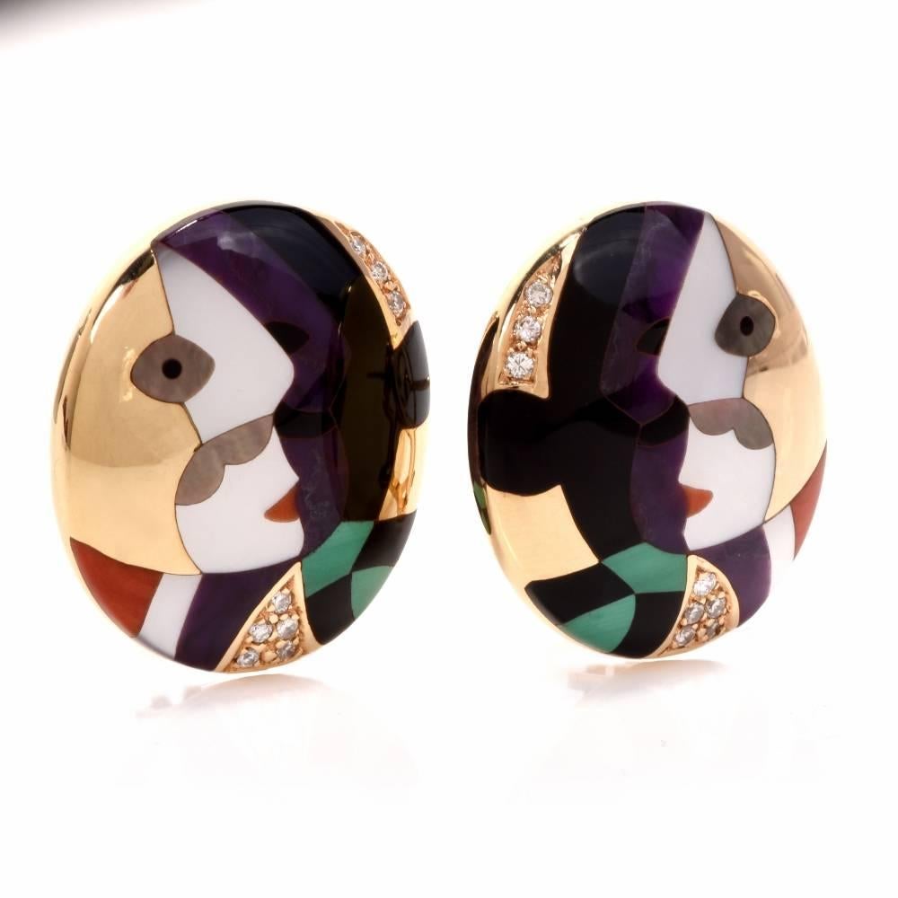 These authentic designer earrings by Asch Grossbardt are crafted in solid 14 karat yellow gold from Picaso colletion,weighing 24.8 grams. Designed as oval-formatted subtly convex plaques, these aesthetically captivating earrings are adorned with