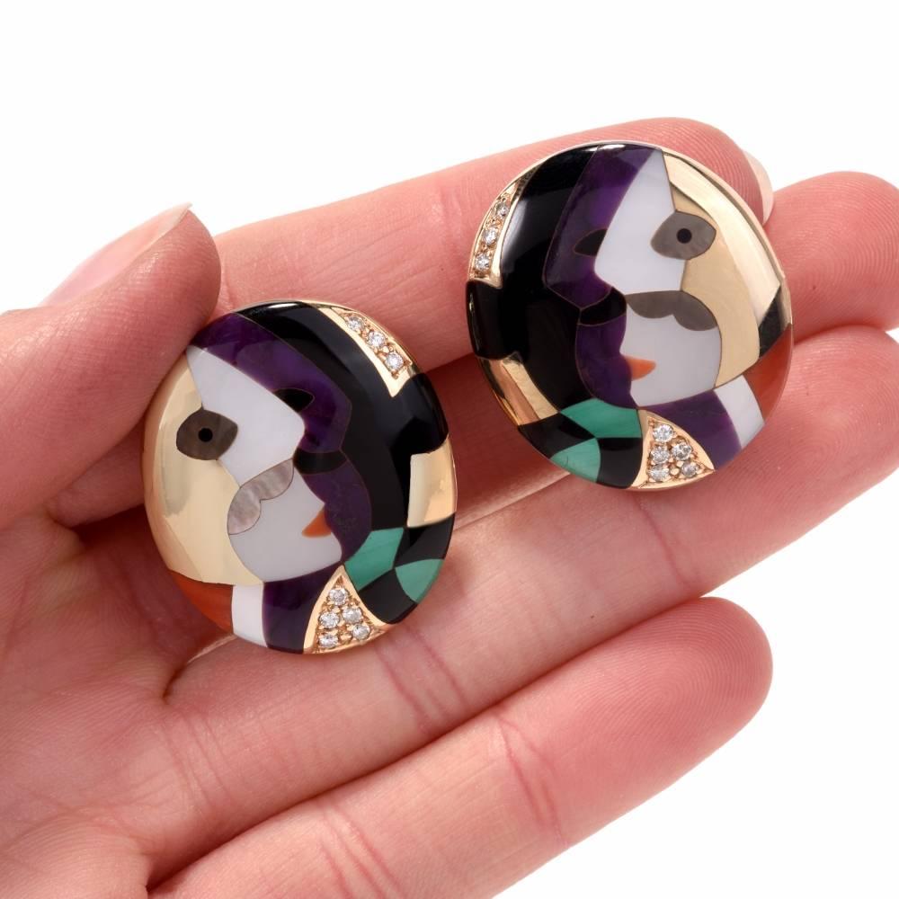 Asch Grossbardt Mosaic Picaso Collection Gold Clip Earrings In Excellent Condition In Miami, FL