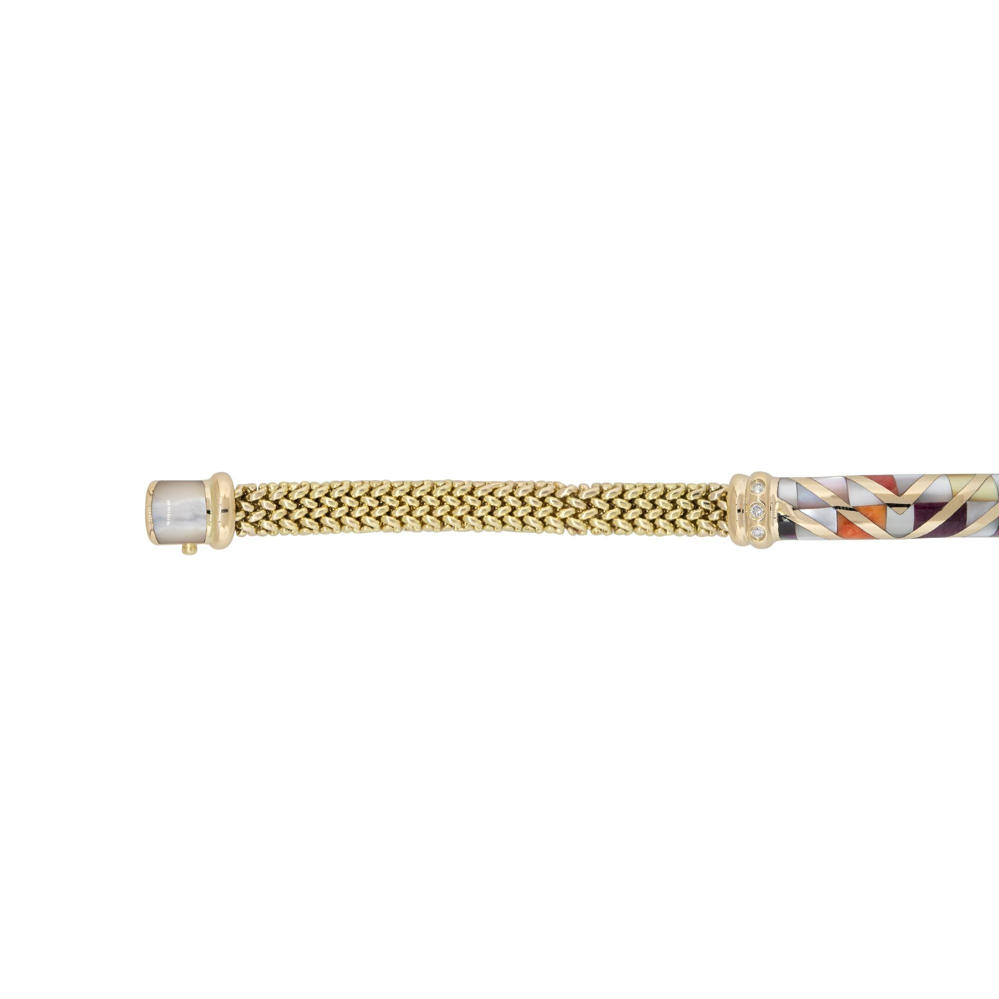 Modern Asch Grossbardt Mother of Pearl, Onyx & Diamond Bracelet 14 Karat In Stock For Sale