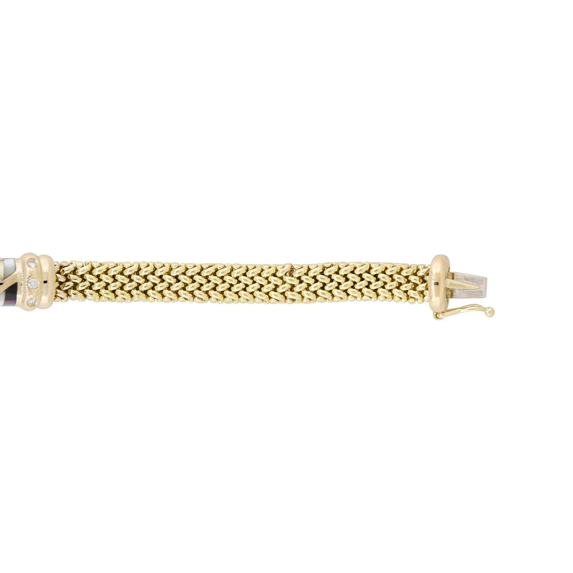 Round Cut Asch Grossbardt Mother of Pearl, Onyx & Diamond Bracelet 14 Karat In Stock For Sale
