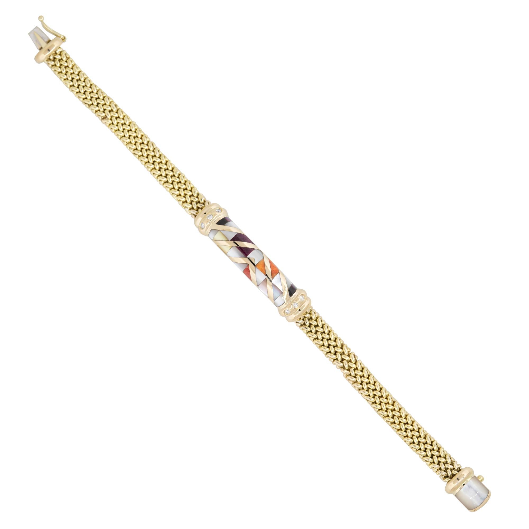 Asch Grossbardt Mother of Pearl, Onyx & Diamond Bracelet 14 Karat In Stock In Excellent Condition For Sale In Boca Raton, FL