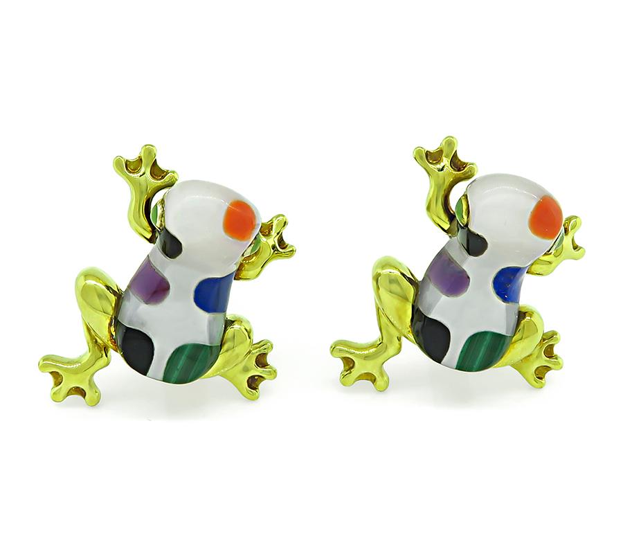 This is an elegant 18k yellow gold frog cufflinks by Asch Grossbardt. The cufflinks feature lovely mesh of multi color gemstones mother of pearl, onyx, malachite, coral, amethyst and lapis. The head of the cufflinks measures 25mm by 20mm. The