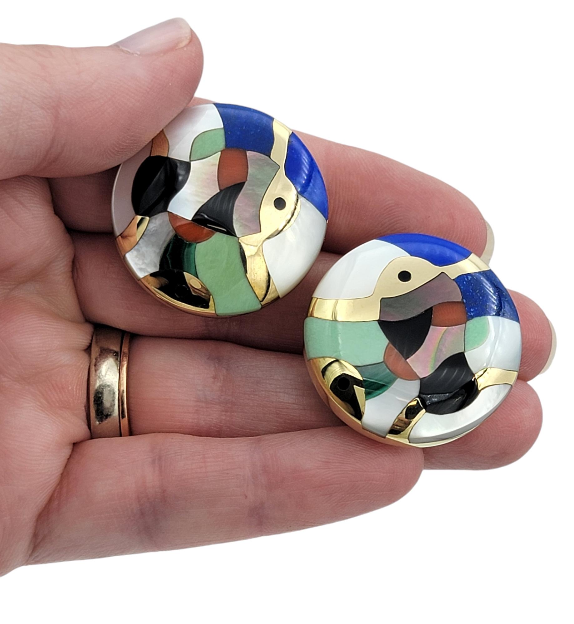 Asch Grossbardt Multi Gemstone Inlay Fish Motif Disc Earrings in 14 Karat Gold For Sale 4