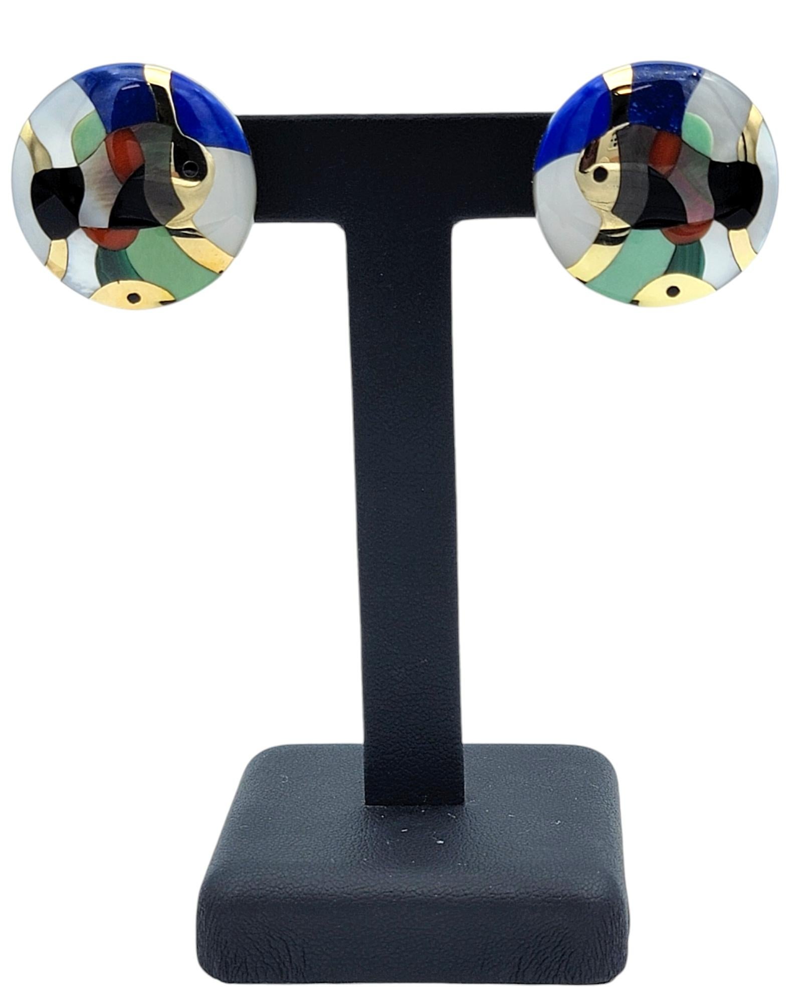 Asch Grossbardt Multi Gemstone Inlay Fish Motif Disc Earrings in 14 Karat Gold For Sale 5
