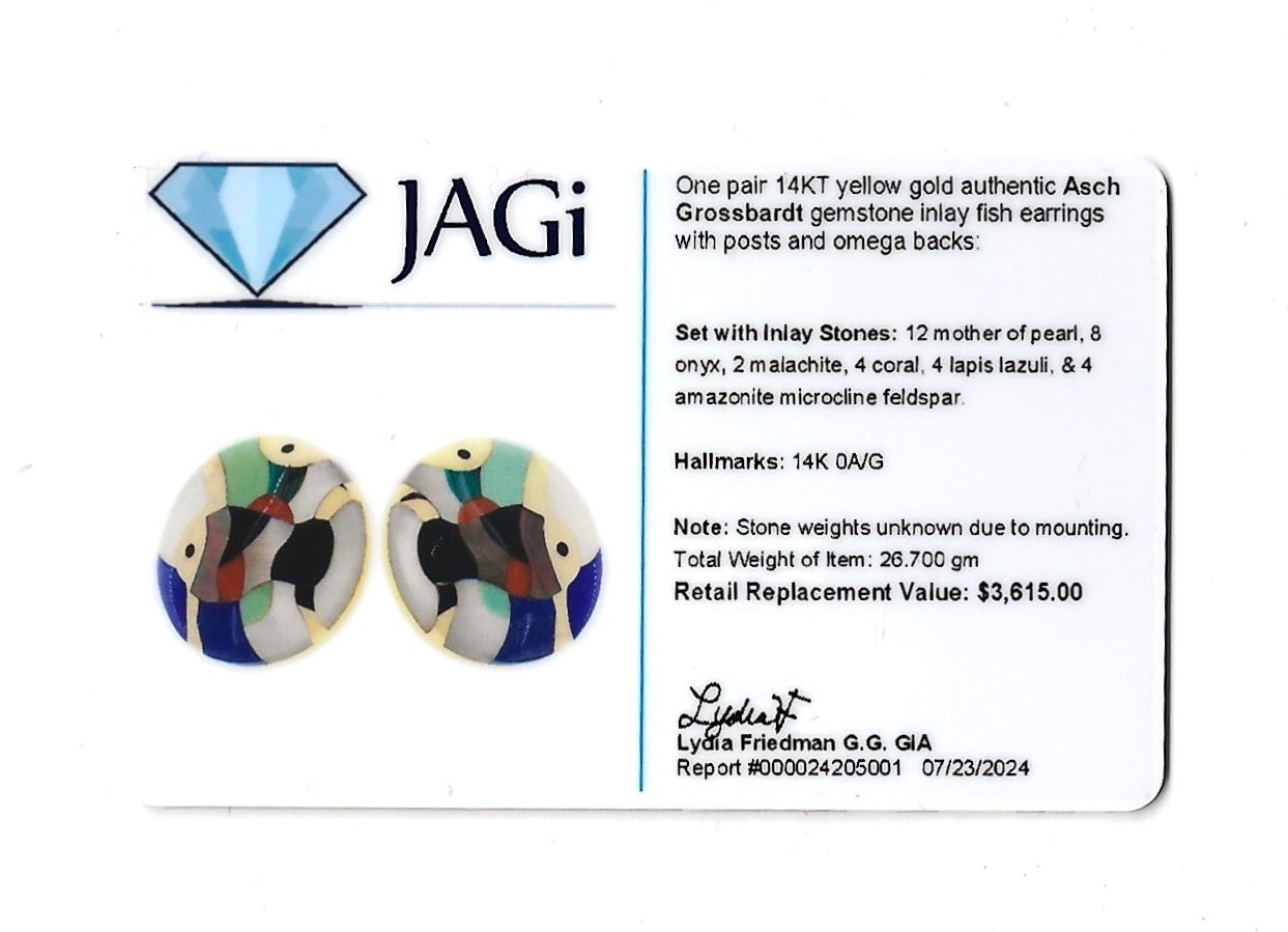 Asch Grossbardt Multi Gemstone Inlay Fish Motif Disc Earrings in 14 Karat Gold For Sale 6