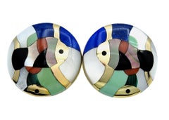 Asch Grossbardt Multi Gemstone Inlay Fish Motif Disc Earrings in 14 Karat Gold