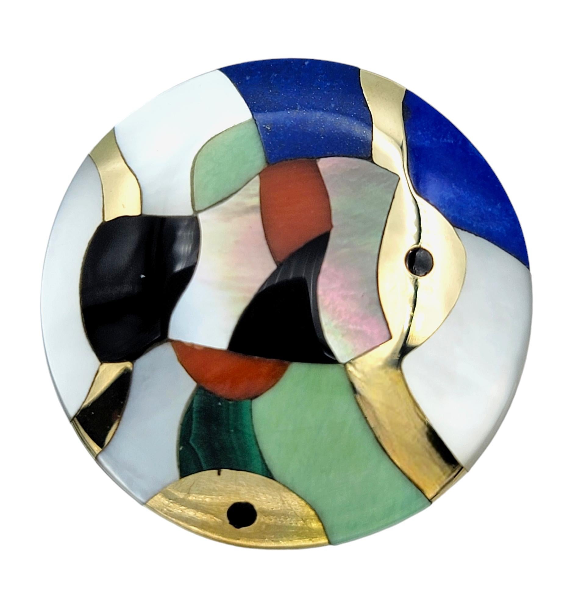 Contemporary Asch Grossbardt Multi Gemstone Inlay Fish Motif Disc Earrings in 14 Karat Gold For Sale