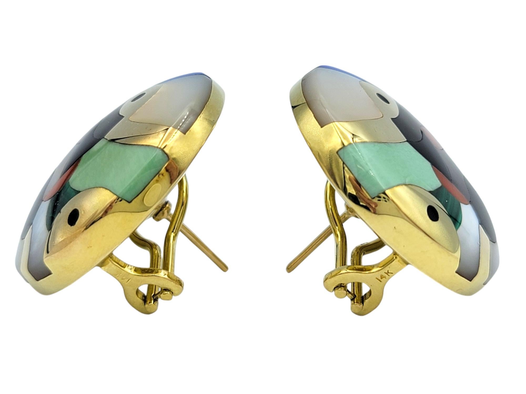 Tumbled Asch Grossbardt Multi Gemstone Inlay Fish Motif Disc Earrings in 14 Karat Gold For Sale