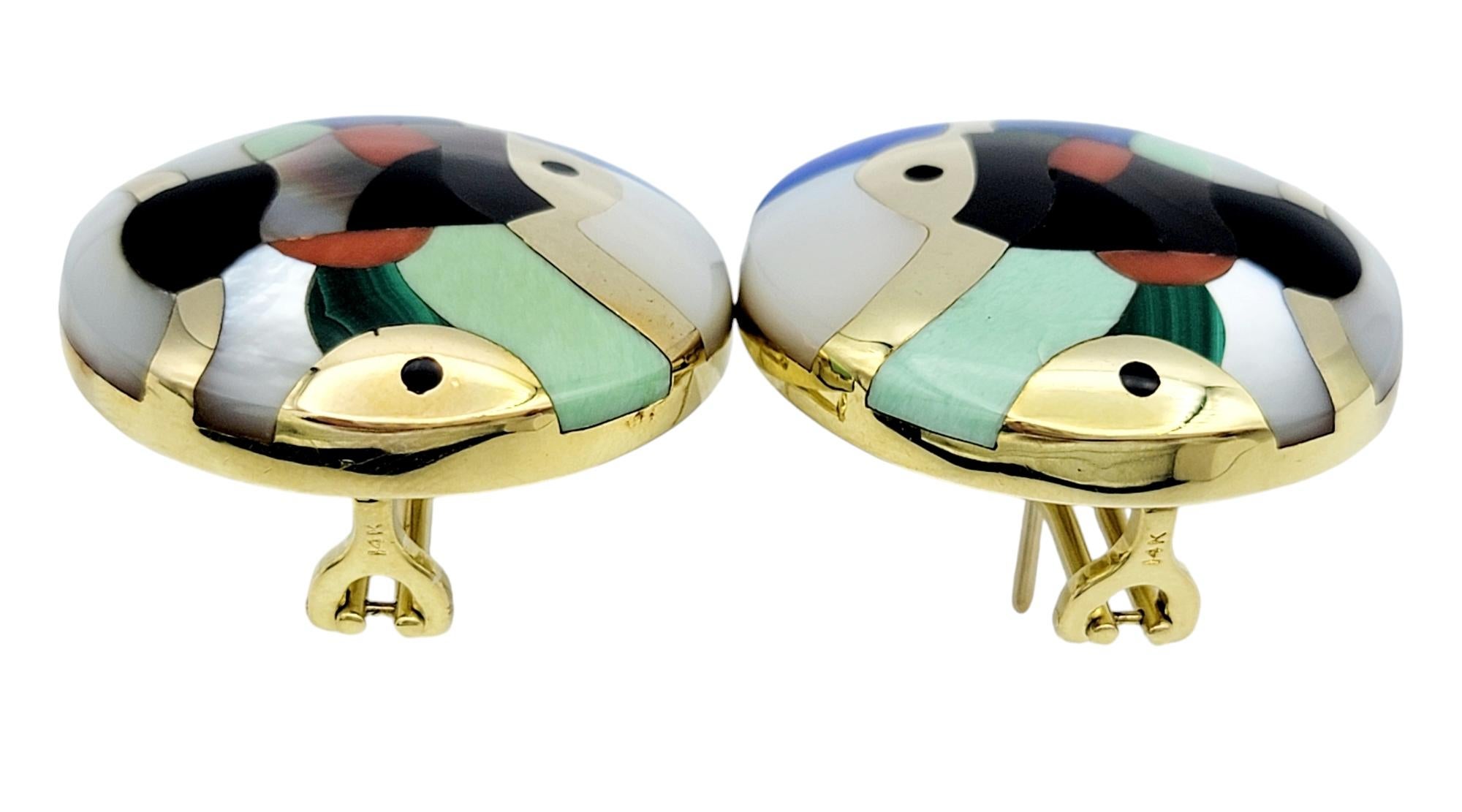 Asch Grossbardt Multi Gemstone Inlay Fish Motif Disc Earrings in 14 Karat Gold In Good Condition For Sale In Scottsdale, AZ