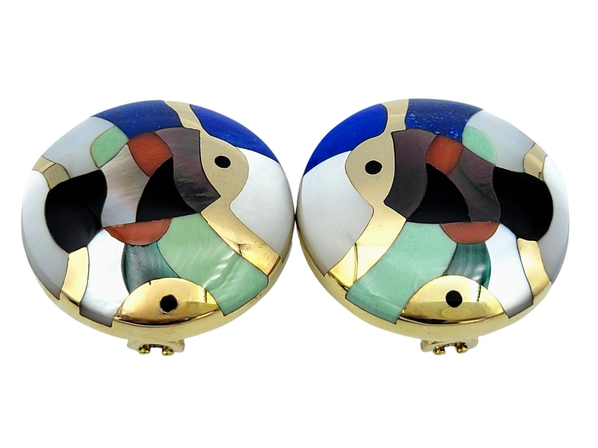 Women's Asch Grossbardt Multi Gemstone Inlay Fish Motif Disc Earrings in 14 Karat Gold For Sale