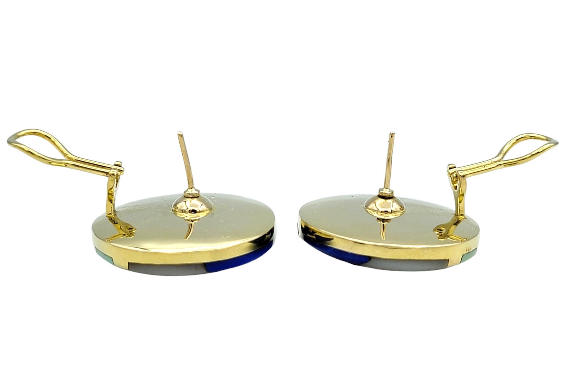 Asch Grossbardt Multi Gemstone Inlay Fish Motif Disc Earrings in 14 Karat Gold For Sale 1