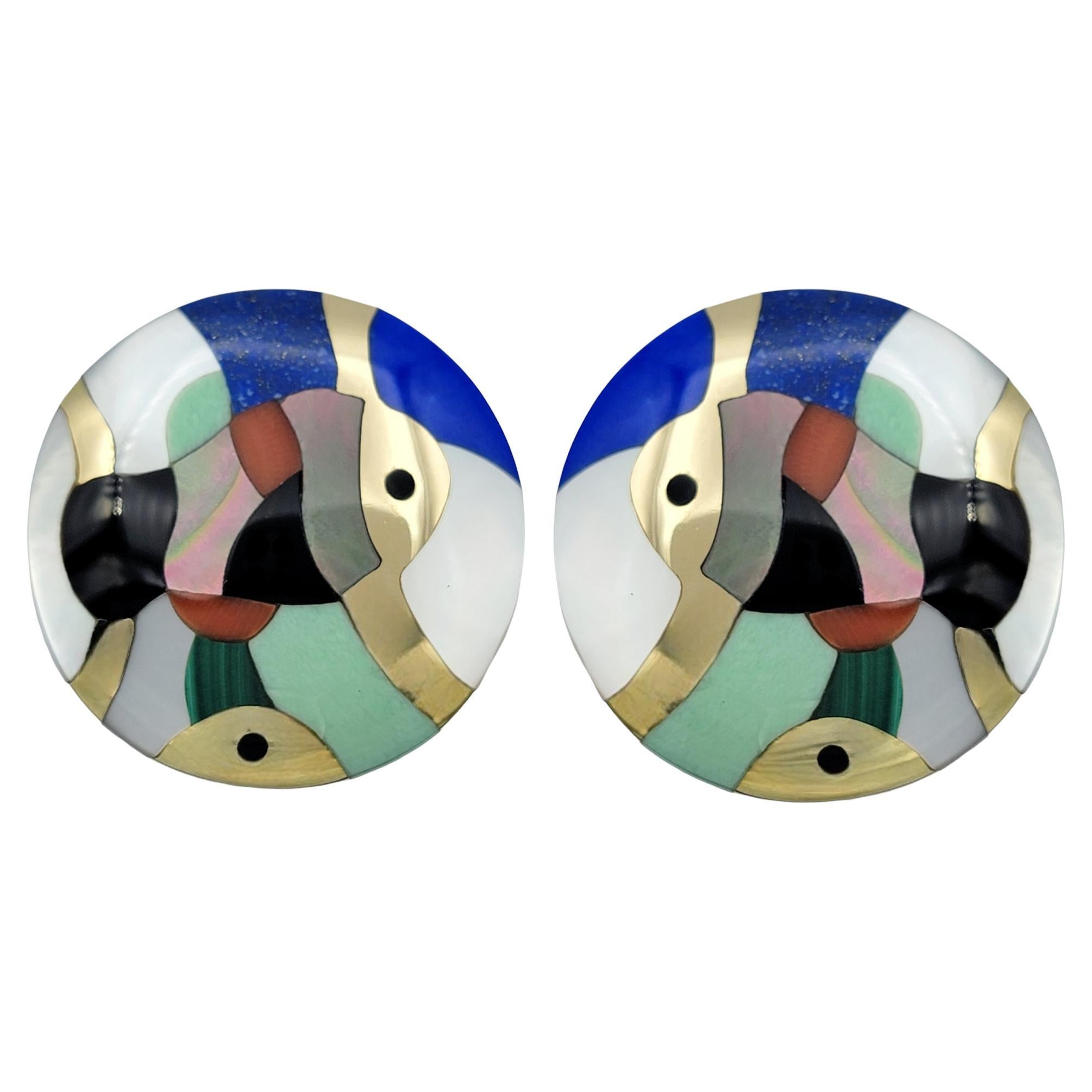 Asch Grossbardt Multi Gemstone Inlay Fish Motif Disc Earrings in 14 Karat Gold