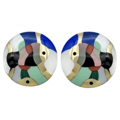 Asch Grossbardt Multi Gemstone Inlay Fish Motif Disc Earrings in 14 Karat Gold