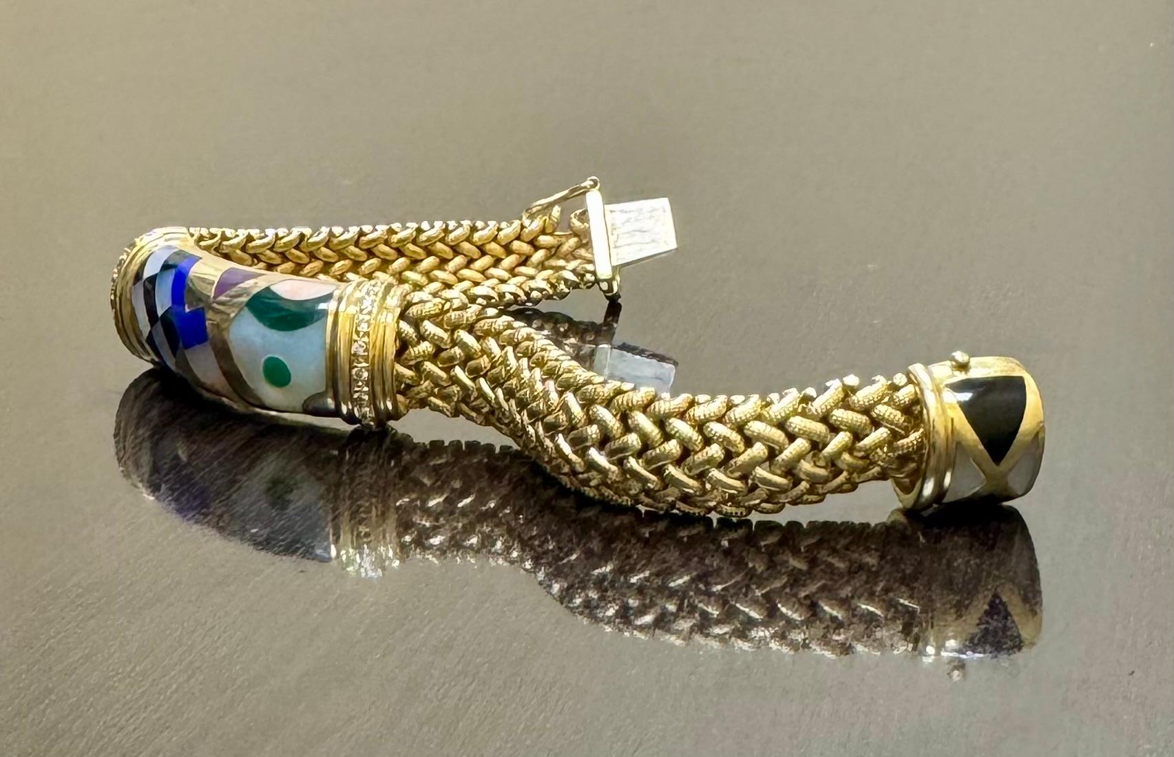 Asch Grossbardt Multi Gemstone Inlay Vintage 18K Yellow Gold Bracelet In Good Condition In Los Angeles, CA