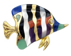 Asch Grossbardt Multi-Stone & Diamond Inlay Fish Brooch/Pendant in 14 Karat Gold