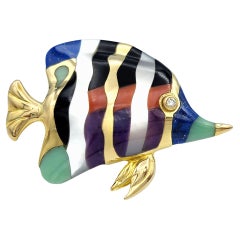 Asch Grossbardt Multi-Stone & Diamond Inlay Fish Brooch/Pendant in 14 Karat Gold