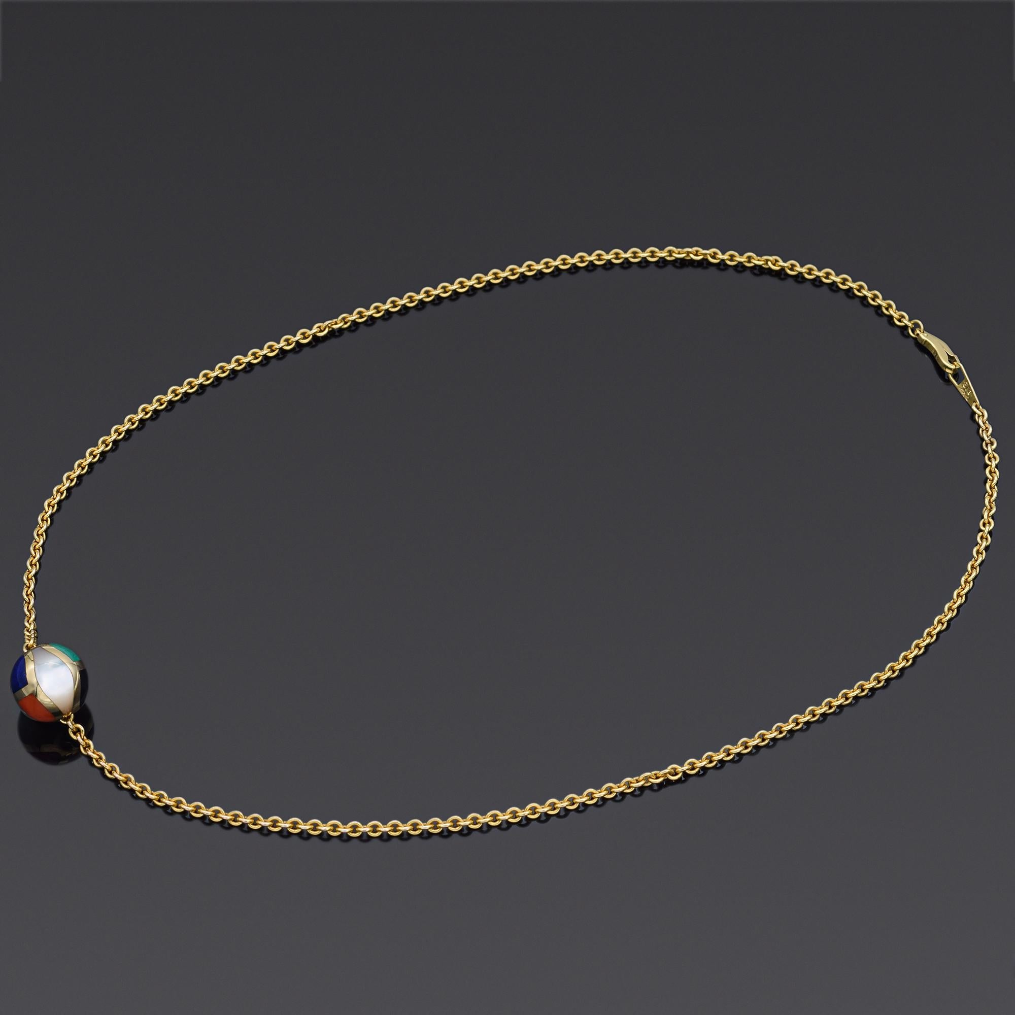 Weight: 10.3 Grams
Stone: Mother of Pearl, malachite, lapis, onyx, coral, purple jasper
Pendant: 12 mm
Chain: 16.5 Inches
Hallmark: AG 14K

ITEM #: BR-1061-092823-10