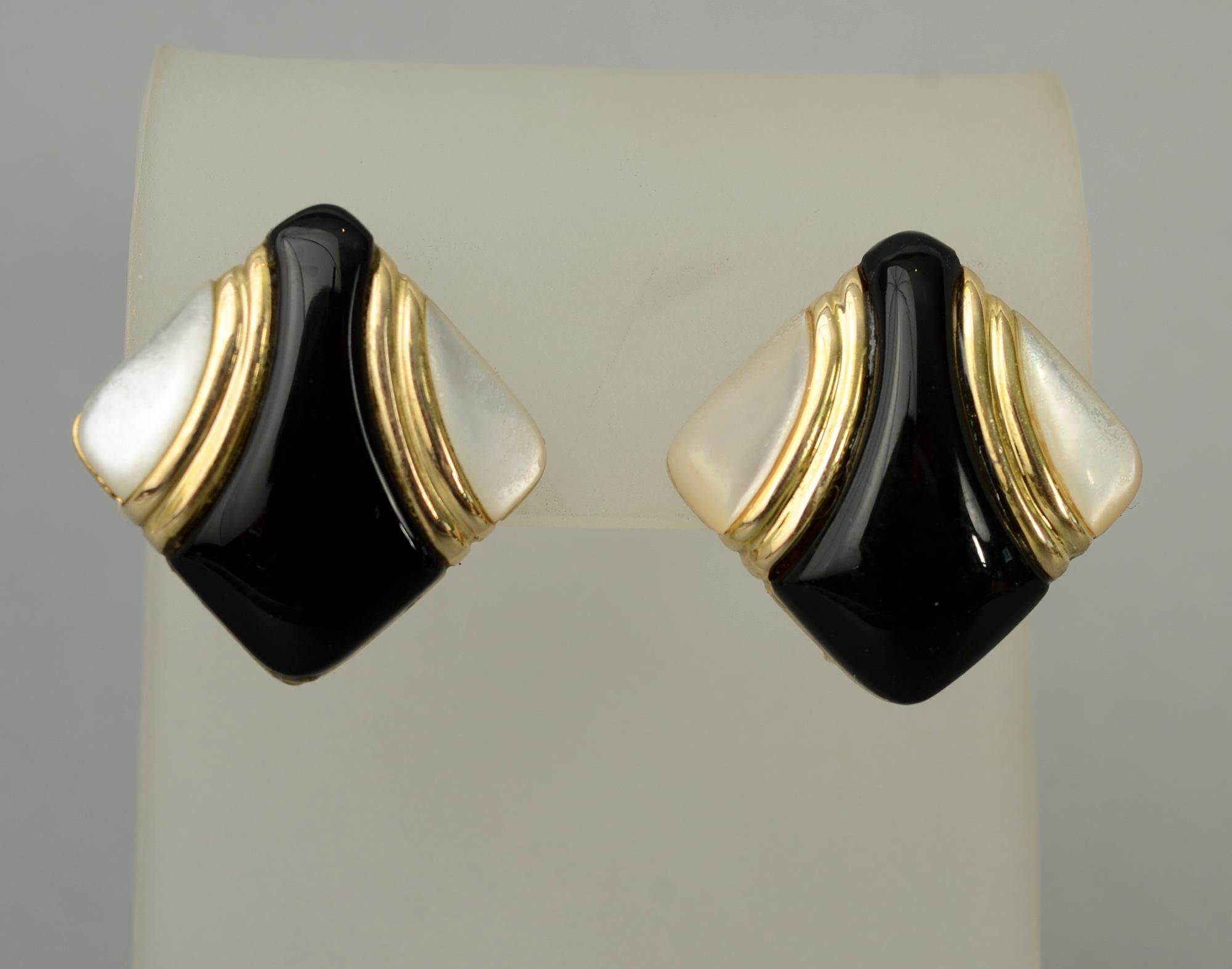 Cabochon Asch Grossbardt Onyx and Mother of Pearl Earrings For Sale
