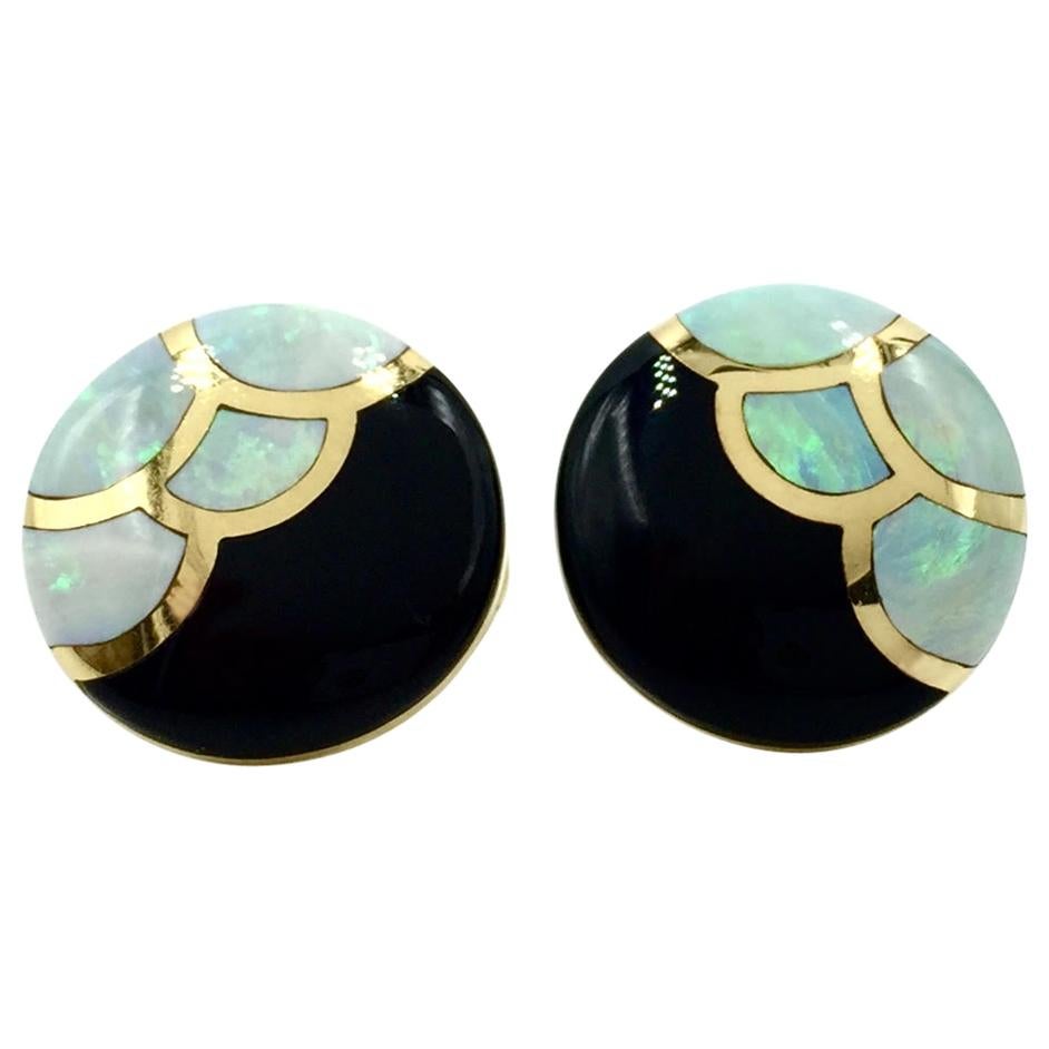 Asch Grossbardt Onyx and Opal Inlay Yellow Gold Button Earrings