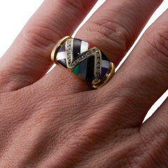 Asch Grossbardt Onyx MOP Lapis Coral Inlay Diamond Gold Ring