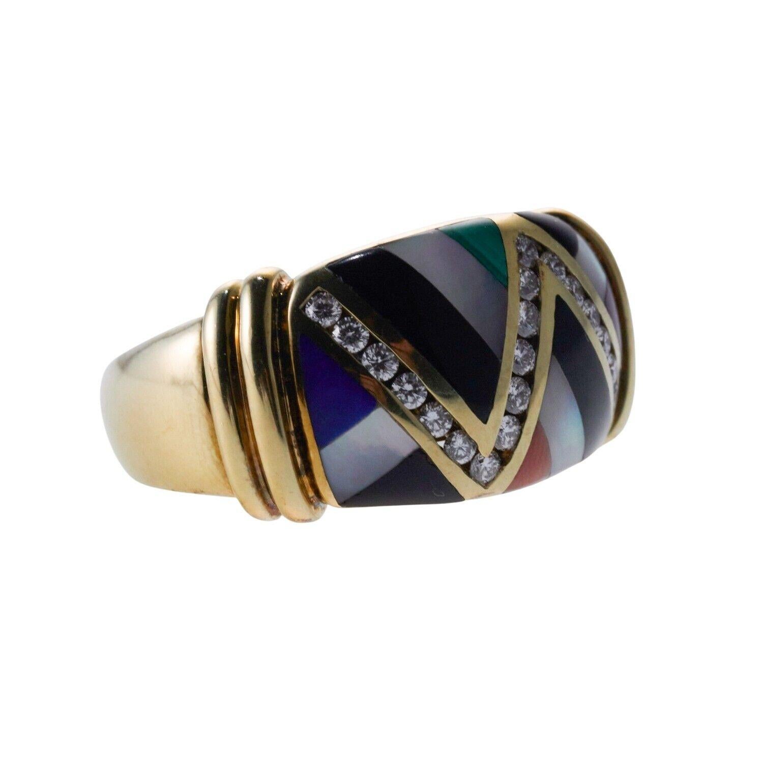 Uncut Asch Grossbardt Onyx MOP Lapis Coral Inlay Diamond Gold Ring For Sale