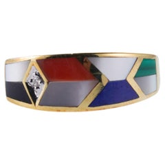 Asch Grossbardt Onyx MOP Lapis Coral Inlay Diamond Gold Ring