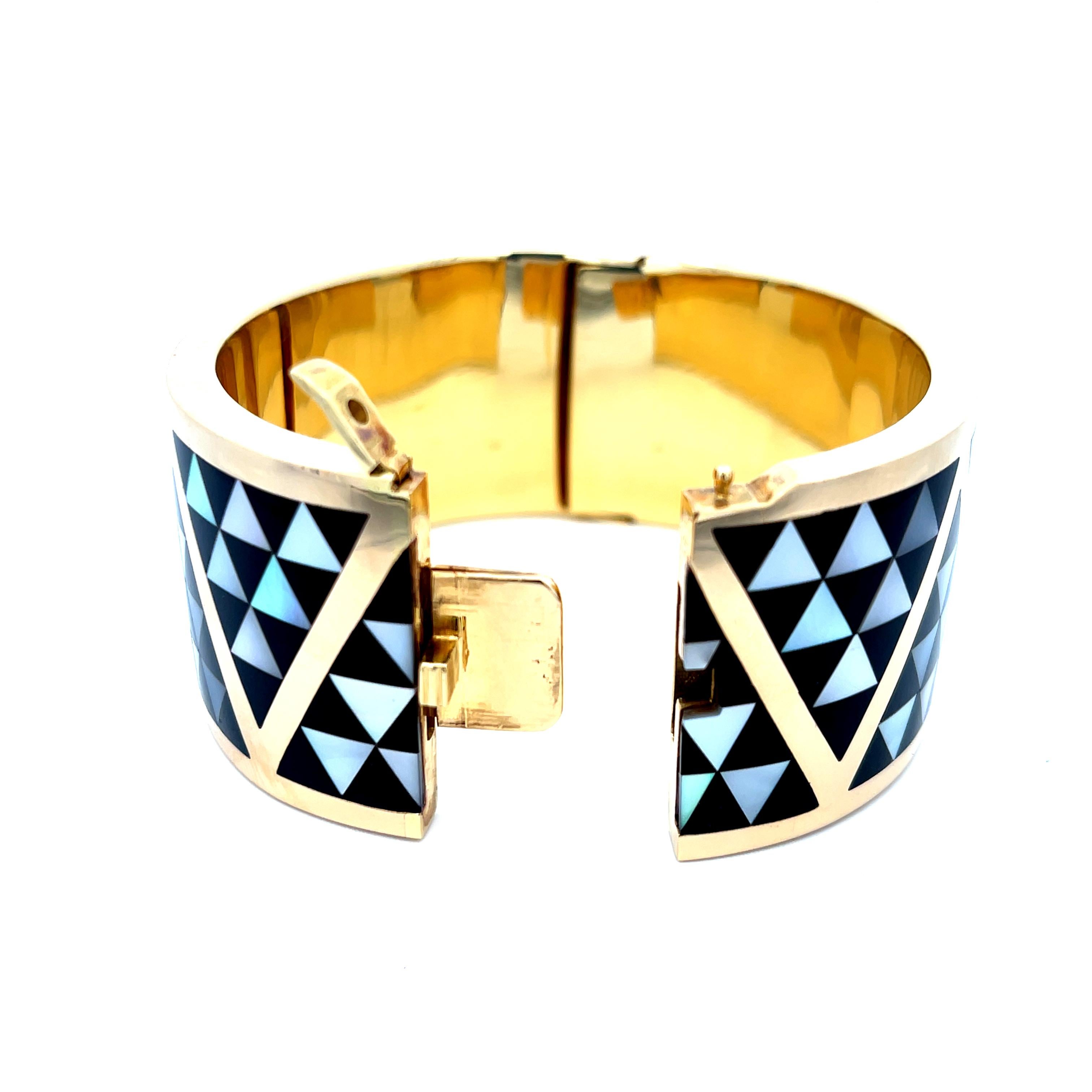 Mixed Cut Asch Grossbardt Onyx & Mother-of-Pearl Cuff 18K Yellow Gold For Sale