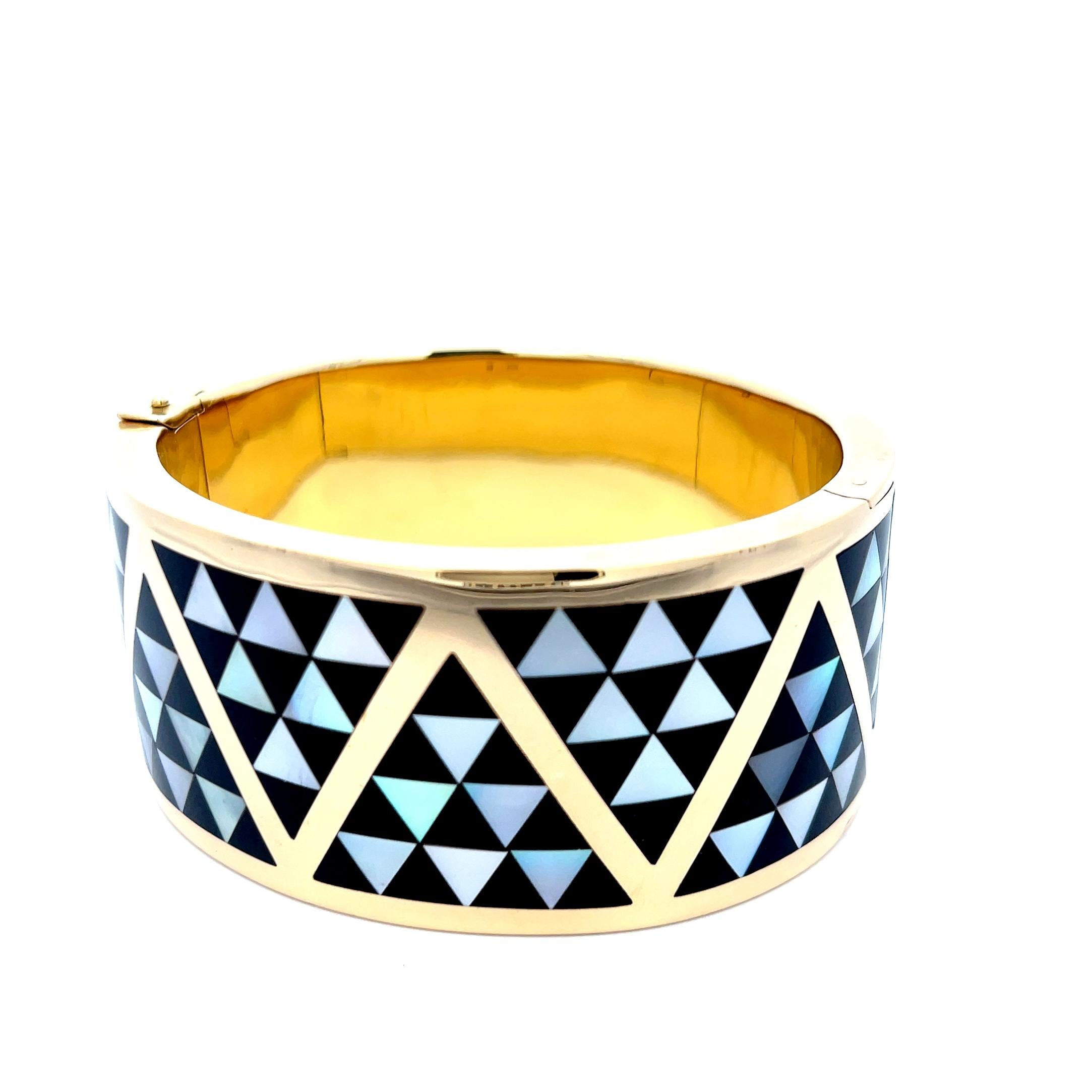Women's Asch Grossbardt Onyx & Mother-of-Pearl Cuff 18K Yellow Gold For Sale