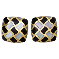 Asch Grossbardt Onyx 
Mother of Pearl Earrings, 14k Yellow Gold with Omega
