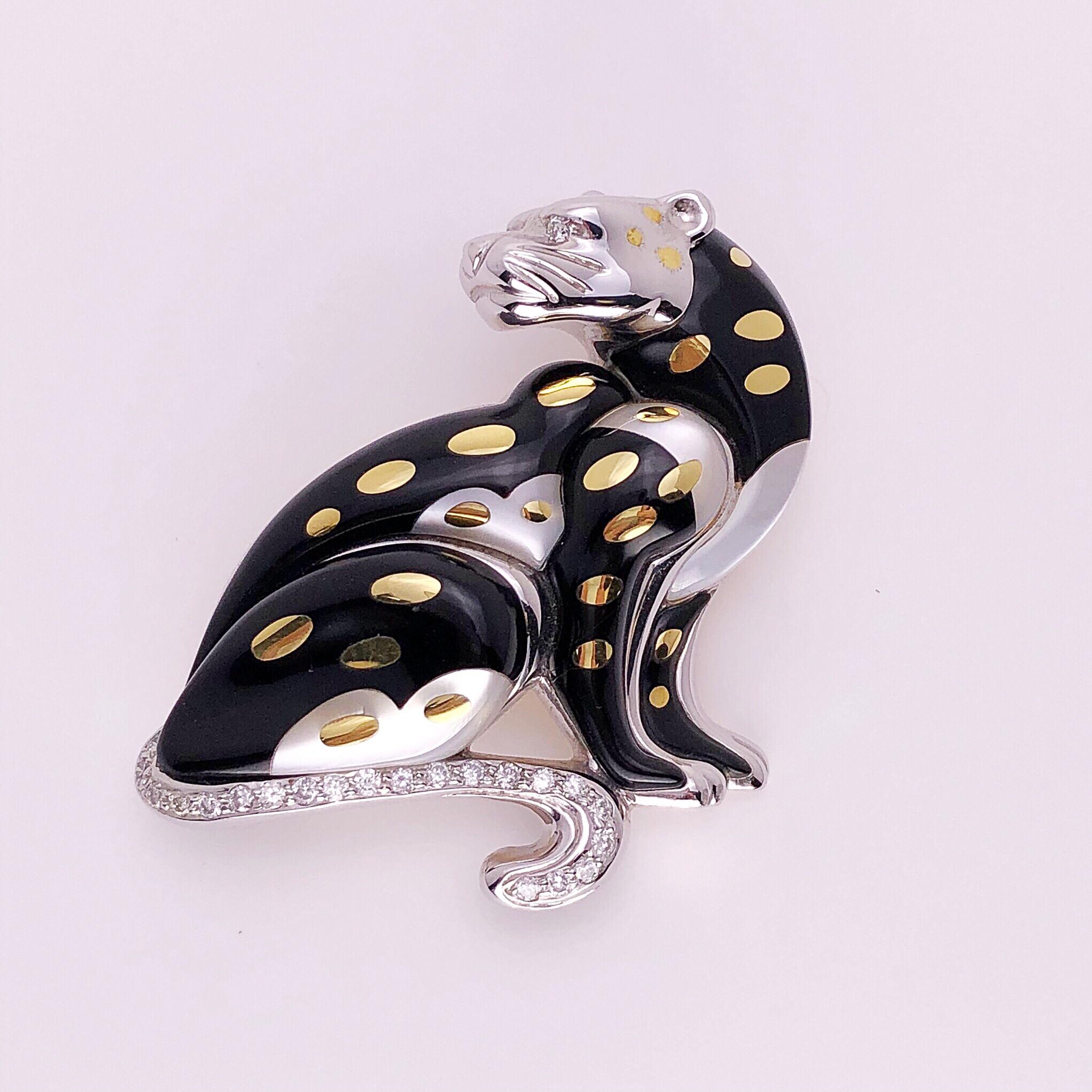 Modern Asch Grossbardt Platinum & 18KT Gold Leopard Brooch With Onyx & Mother of Pearl For Sale