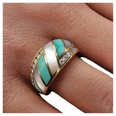 Asch Grossbardt Ring Band 14k Yellow Gold Diamond Mother Pearl Turquoise 8g 6.5