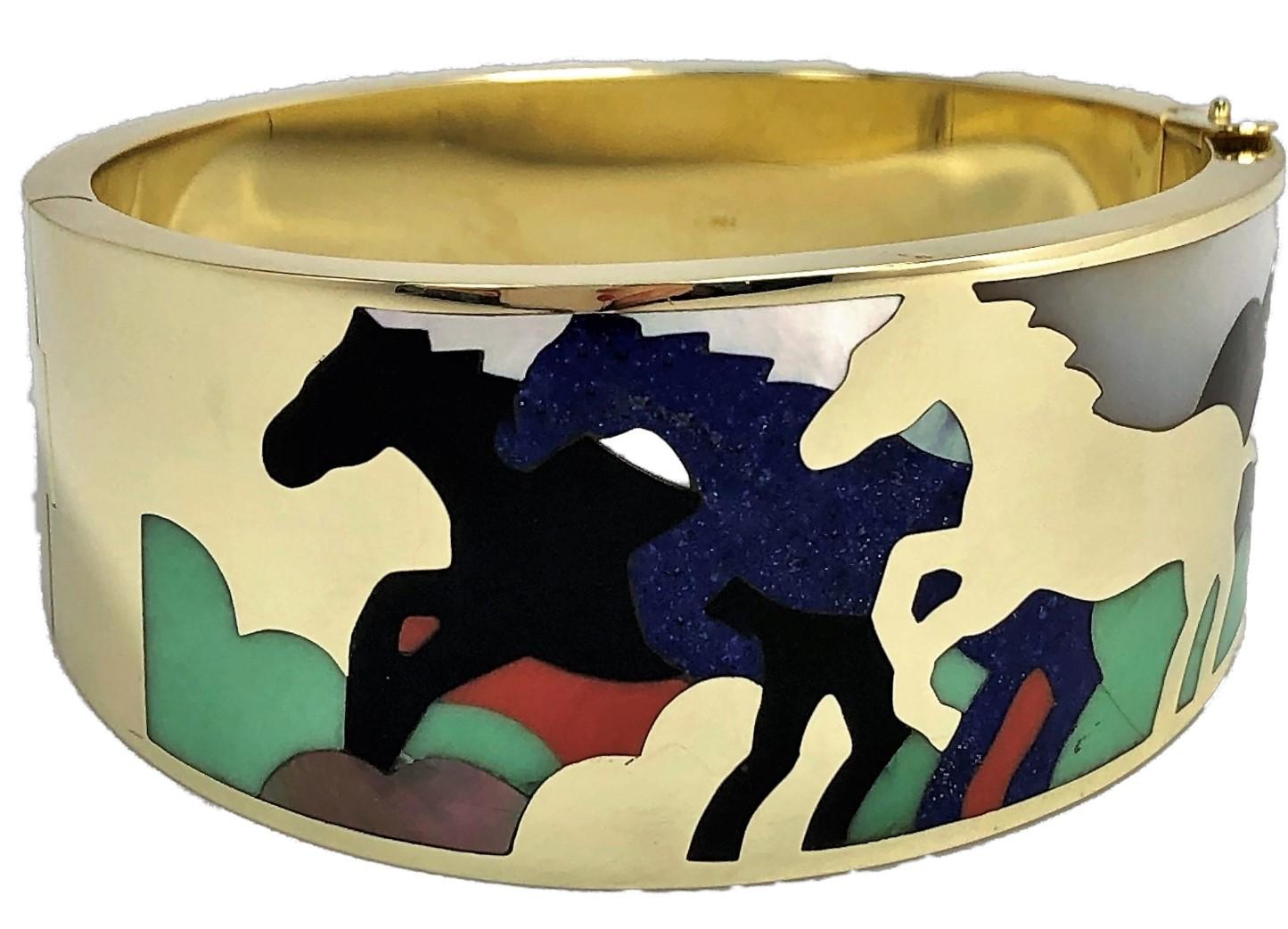 Asch Grossbardt Stampeding Horses Themed Gold Inlaid Stone Cuff/Bangle In Good Condition In Palm Beach, FL