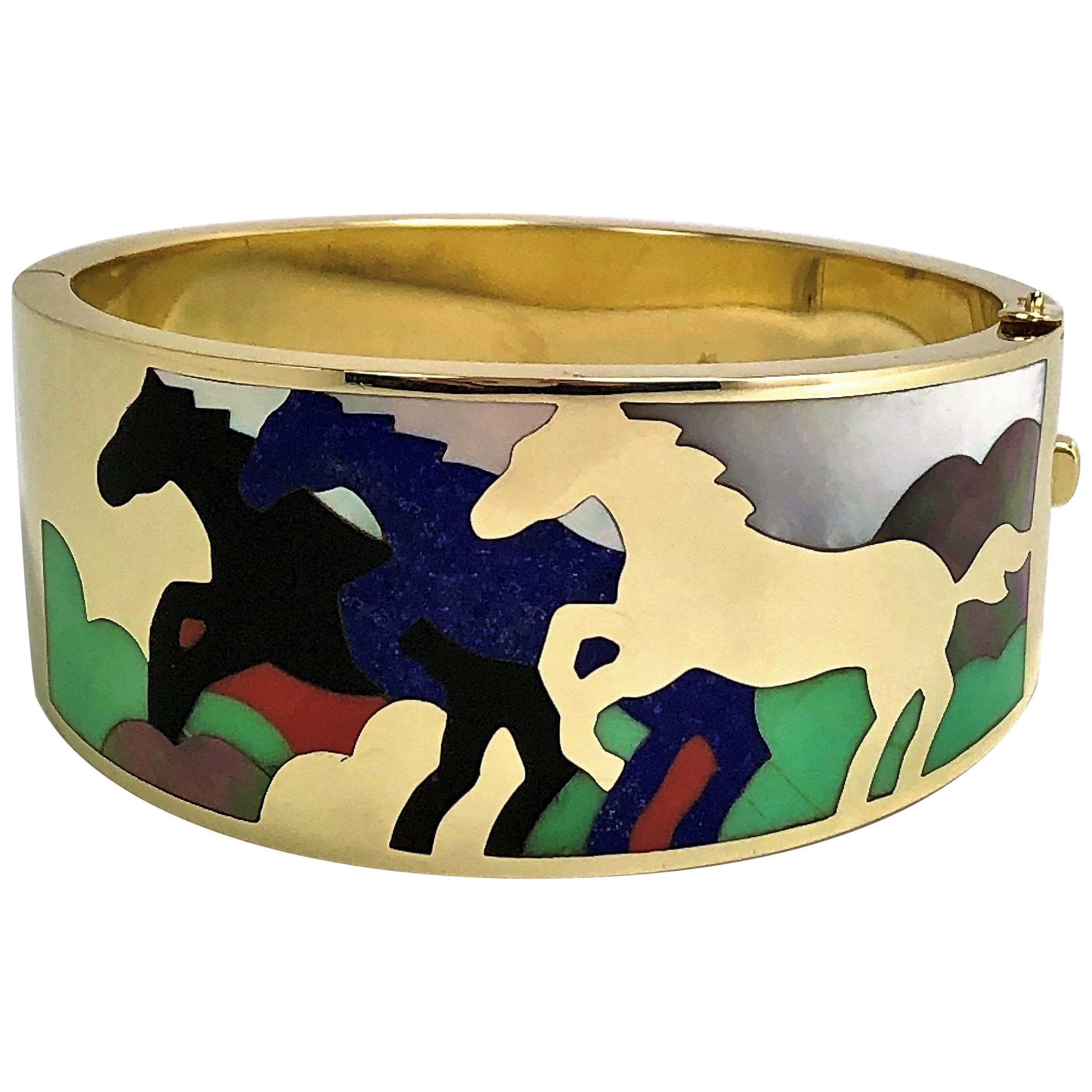 Asch Grossbardt Stampeding Horses Themed Gold Inlaid Stone Cuff/Bangle