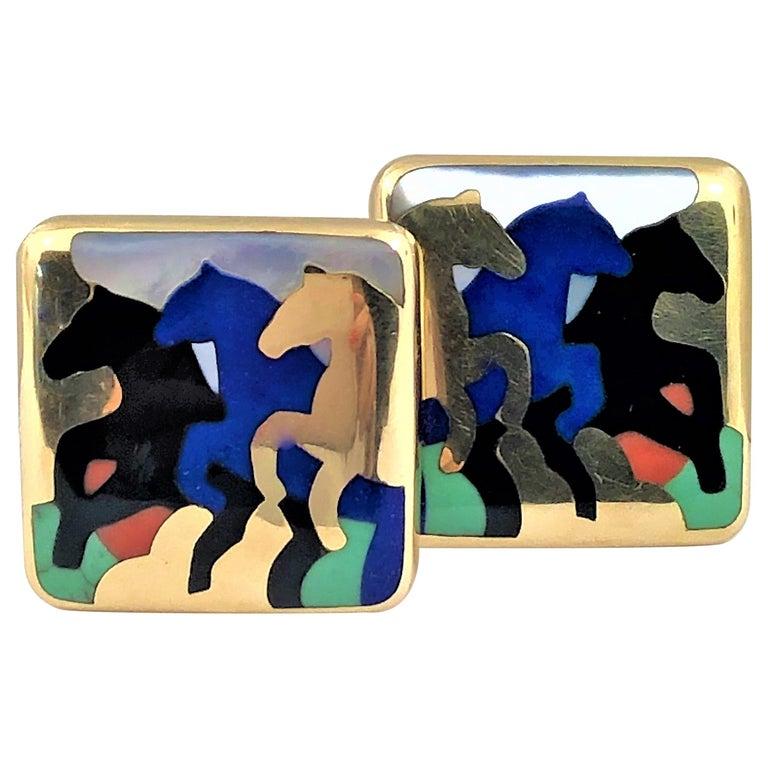 Asch Grossbardt Stampeding Horses Themed Gold Inlaid Stone Cuff/Bangle 7