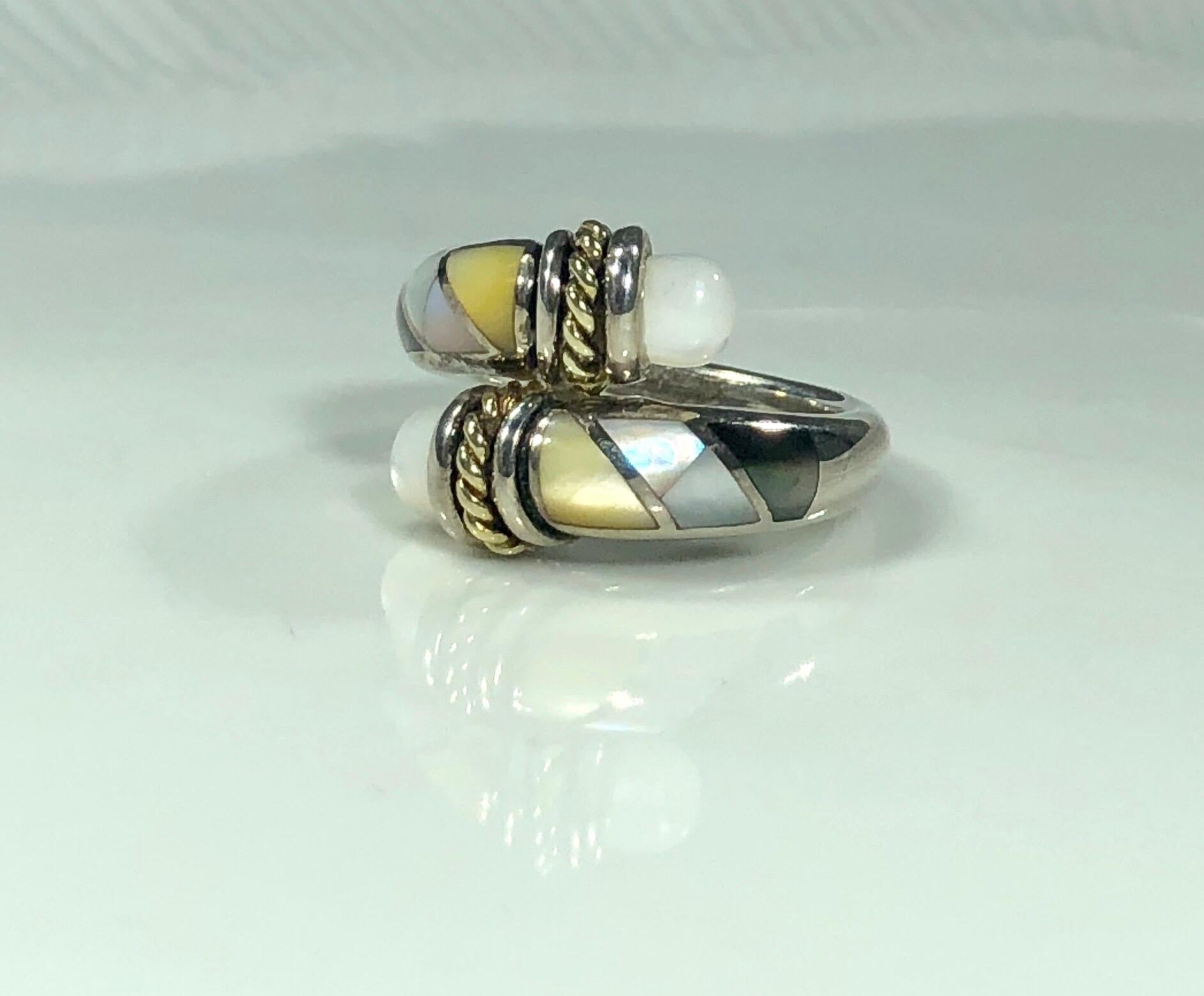 Asch Grossbardt Sterling/ 18 KT Inlaid Mother of Pearl contemporary Ring. This unique Asch Grossbradt creation is created in 925 sterling silver and 18 karat gold. Adorned  with inlaid mother of pearl design. Contemporary split shank wrap style