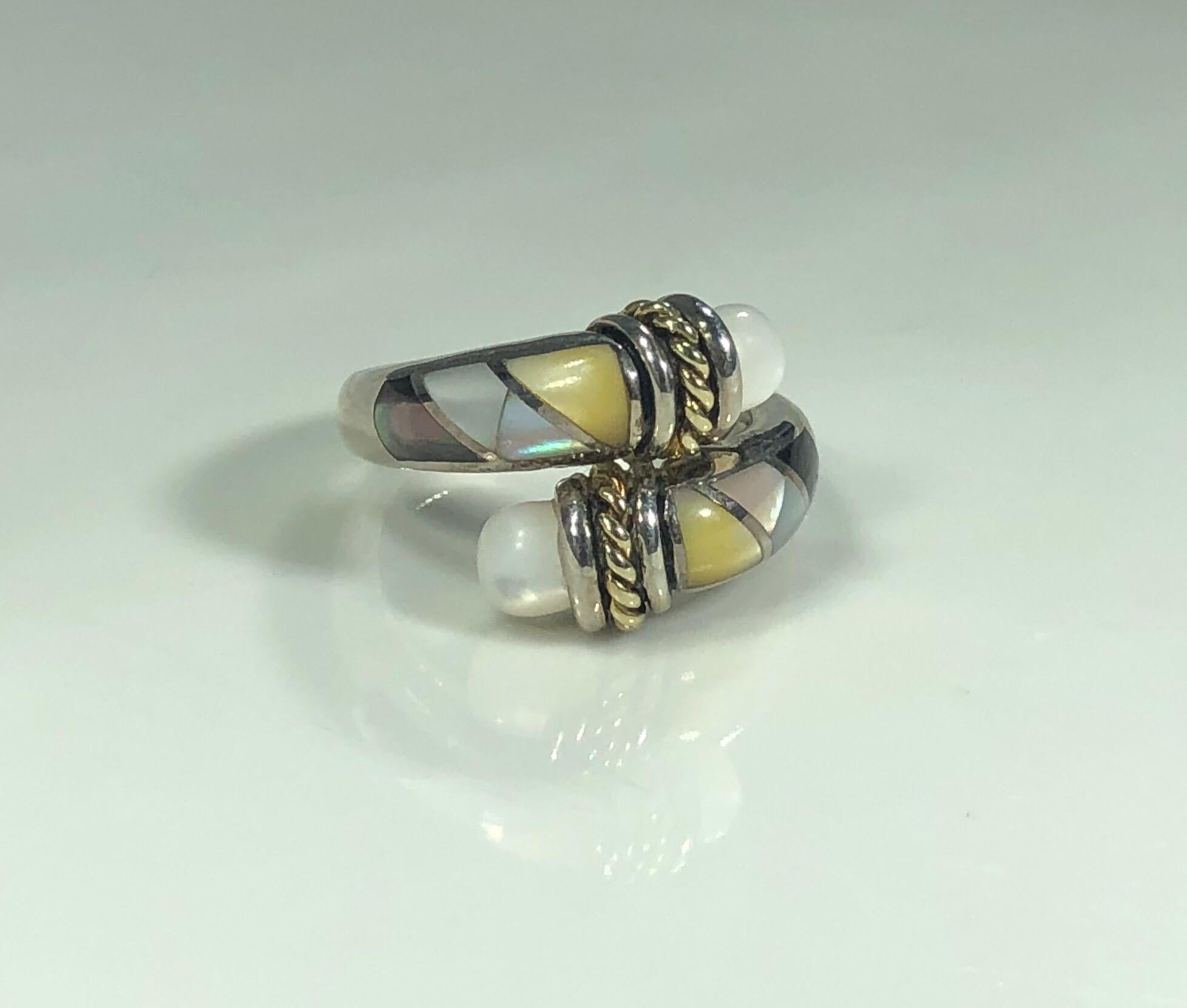 Asch Grossbardt Sterling/ 18 Karat Inlaid Mother of Pearl Contemporary Ring In New Condition For Sale In Mansfield, OH