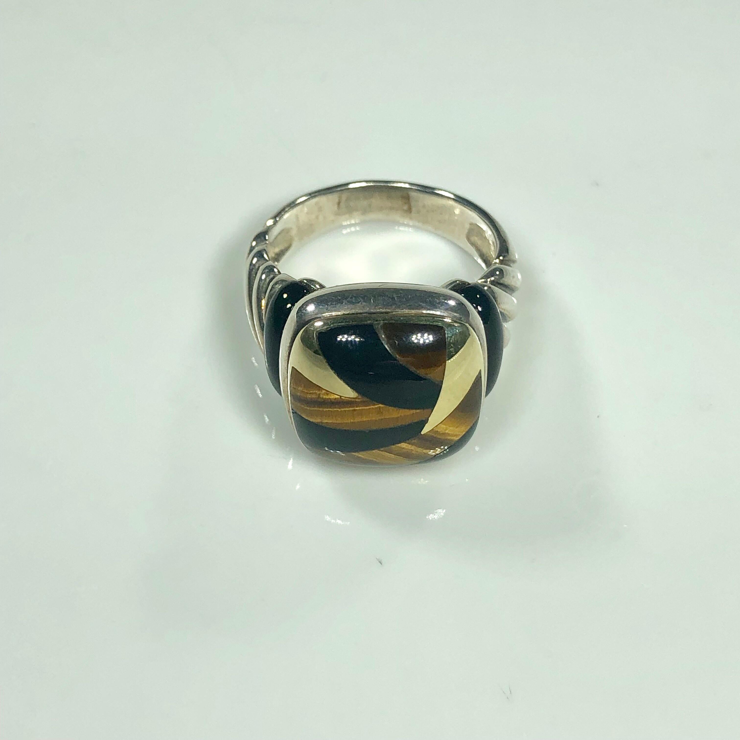 Asch Grossbardt Sterling/18 Karat Inlaid Onyx and Tiger's Eye Contemporary Ring In New Condition In Mansfield, OH
