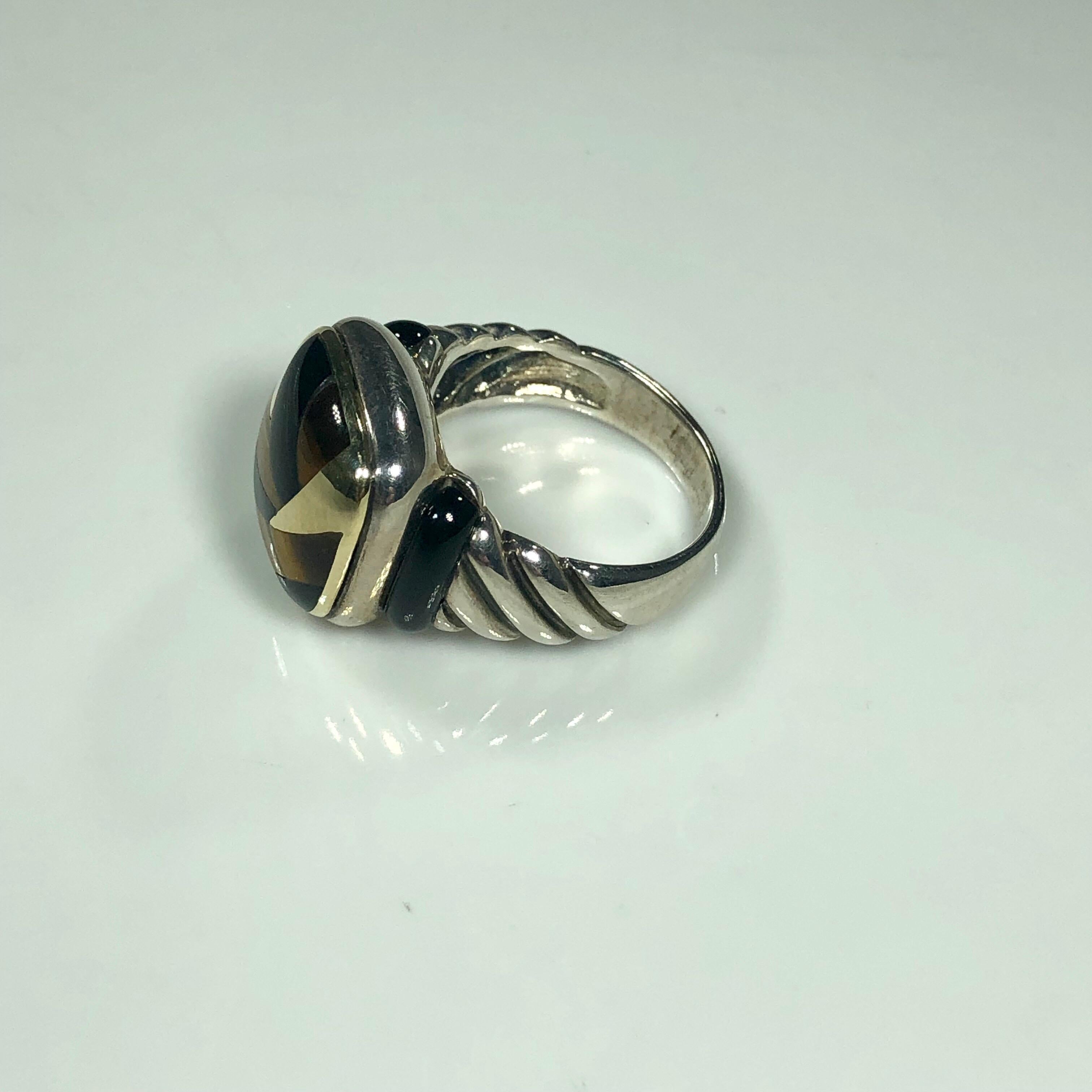 Women's or Men's Asch Grossbardt Sterling/18 Karat Inlaid Onyx and Tiger's Eye Contemporary Ring