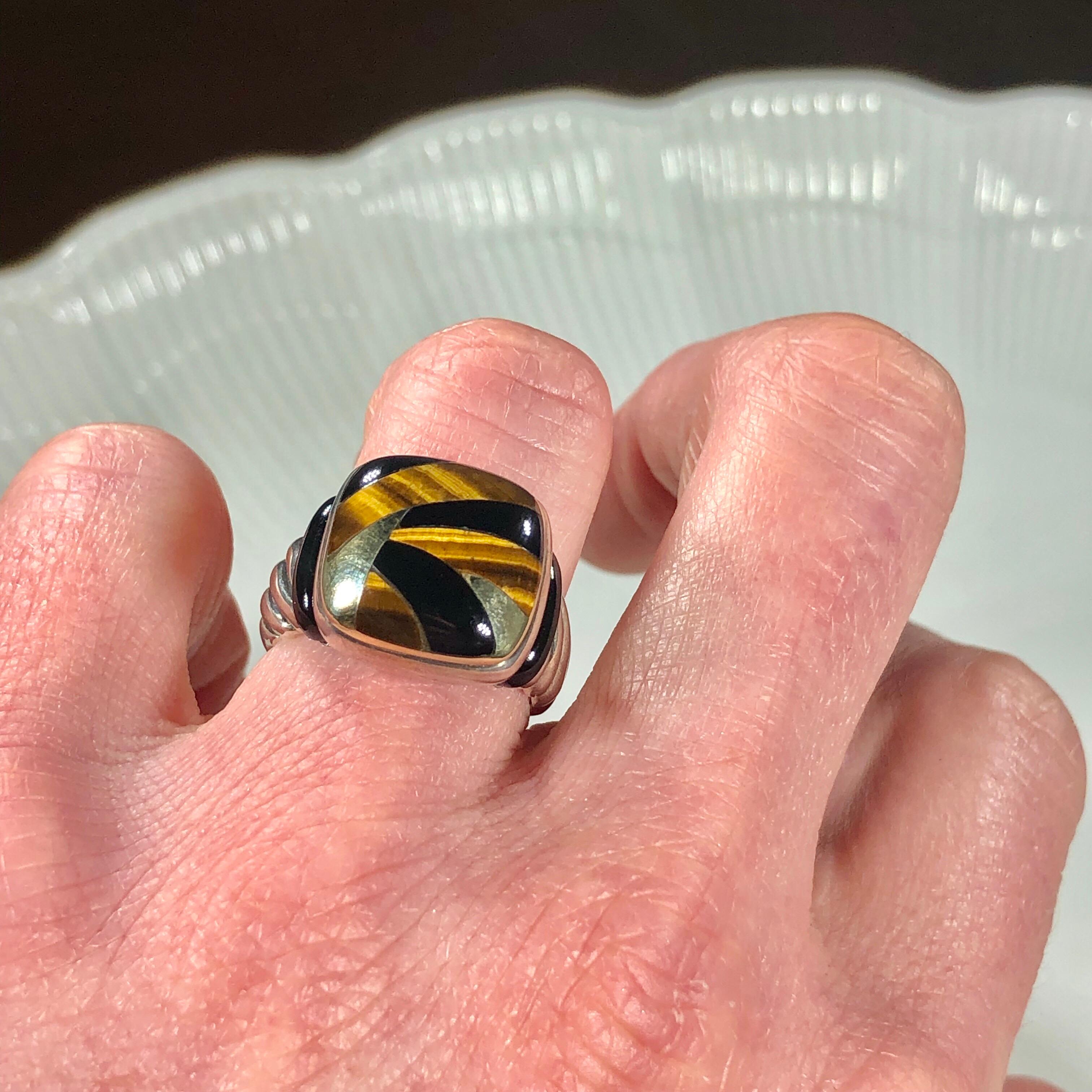 Asch Grossbardt Sterling/18 Karat Inlaid Onyx and Tiger's Eye Contemporary Ring 3