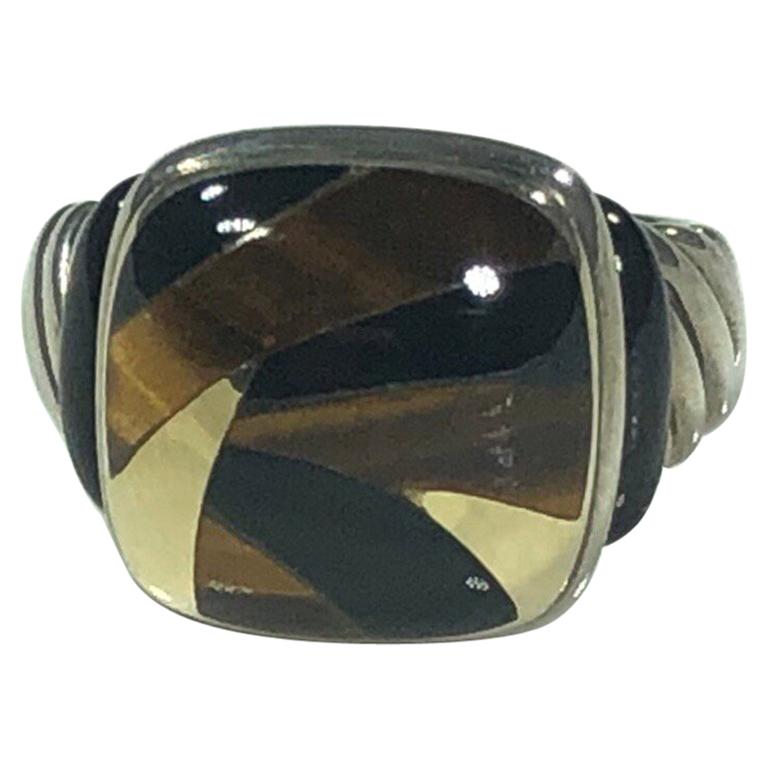 Asch Grossbardt Sterling/18 Karat Inlaid Onyx and Tiger's Eye Contemporary Ring