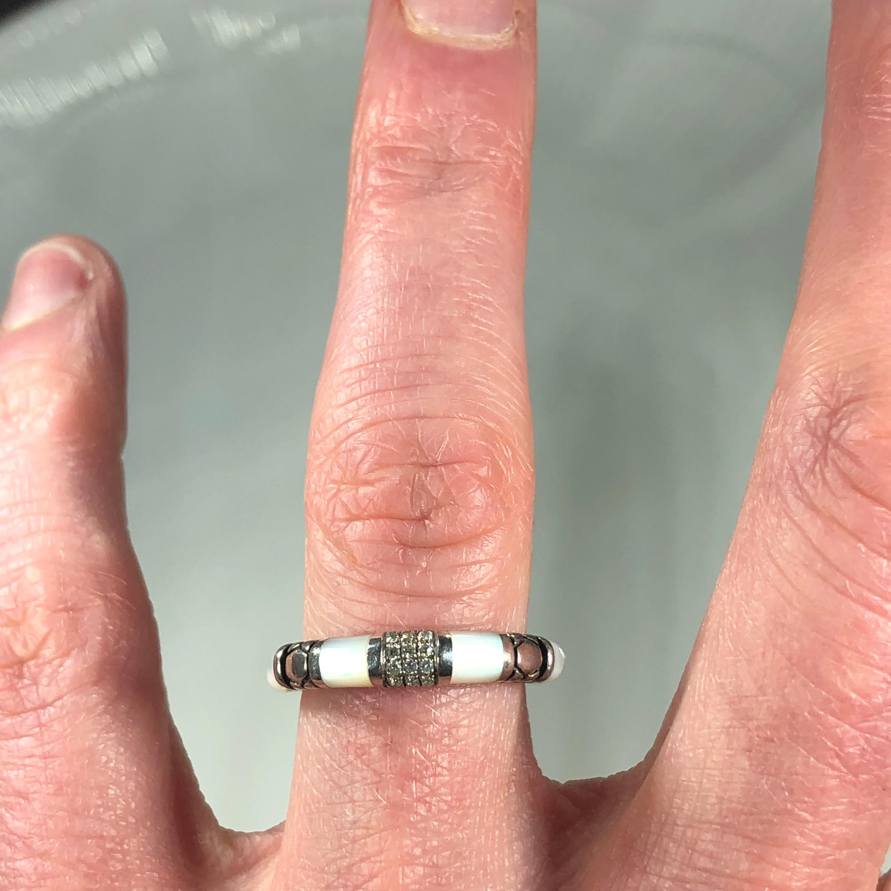 Asch Grossbardt Sterling Silver Inlaid Mother of Pearl and Diamond Ring In New Condition In Mansfield, OH
