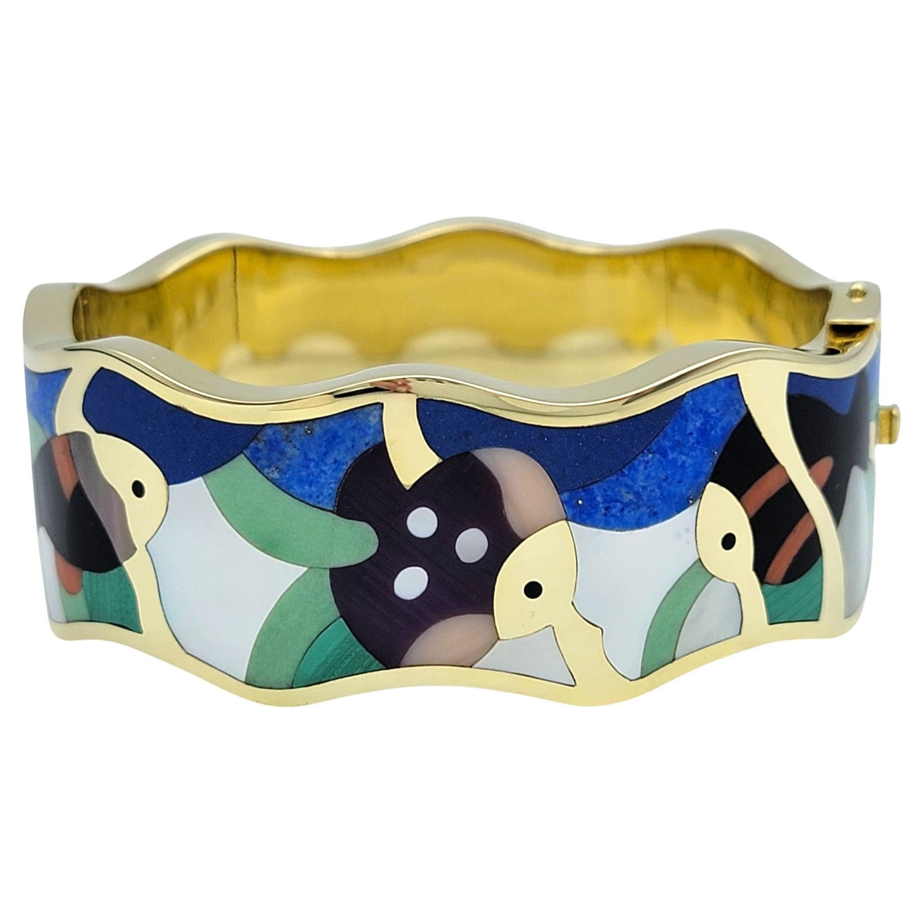 Asch Grossbardt Stone Inlay Fish Motif Hinged Cuff Bracelet in 18 Karat Gold